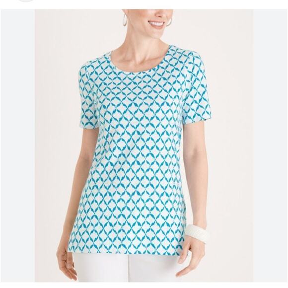 Chicos Button Back Slub Tee - Blue White Size 1 / Medium - Picture 1 of 8